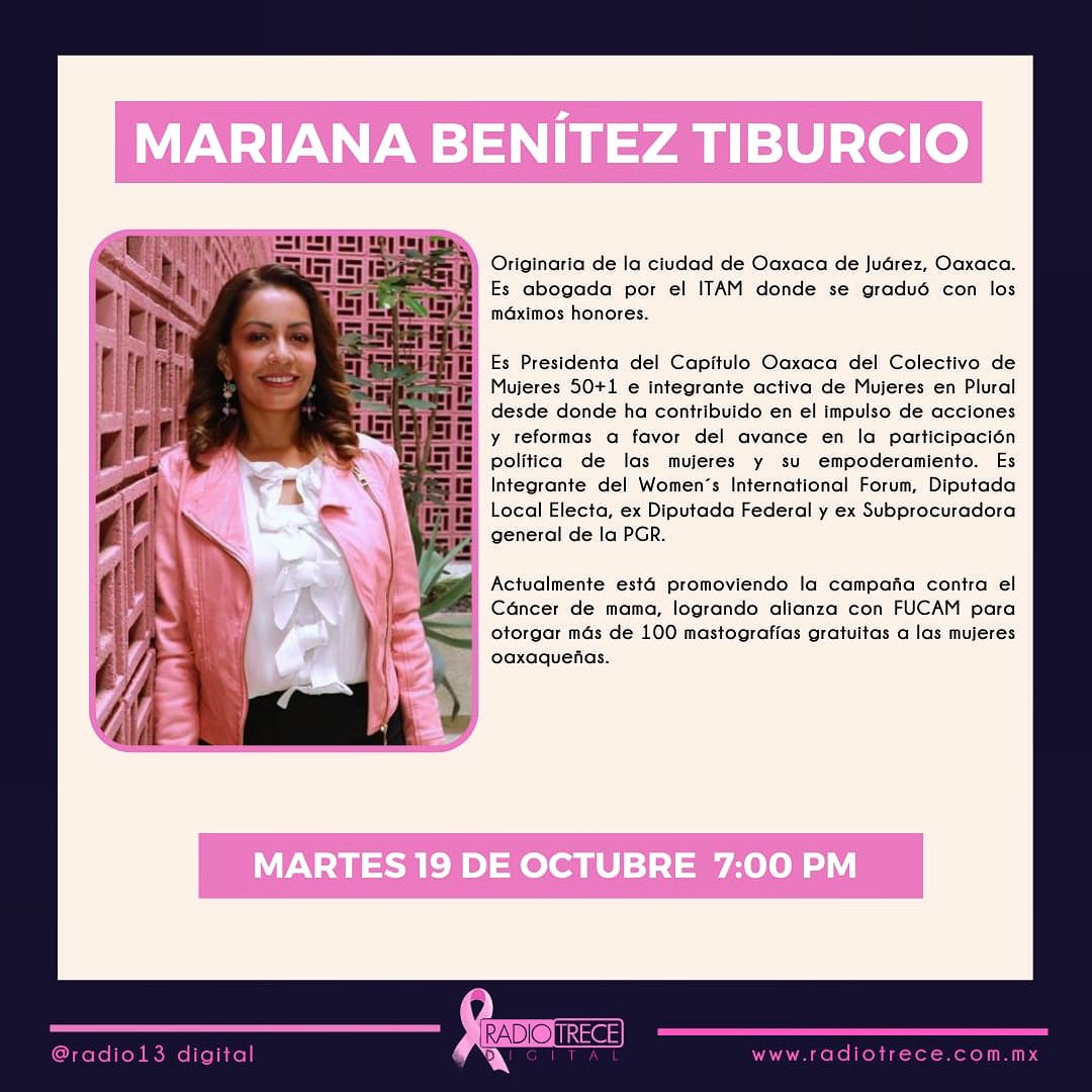 CentralColectiv's tweet photo. En #radiotalks 🎙 de @Radio13Digital entrevista a nuestra Presidenta del Capítulo @50mas1Oax @marianabenitezt con el tema “Acceso a las #mujeres para una mejor prevención y detección contra el cáncer de mama”.

No te la pierdas, este martes 19 de octubre, a las 7:00 pm. por IGTV. https://t.co/4CRO4GKz7p