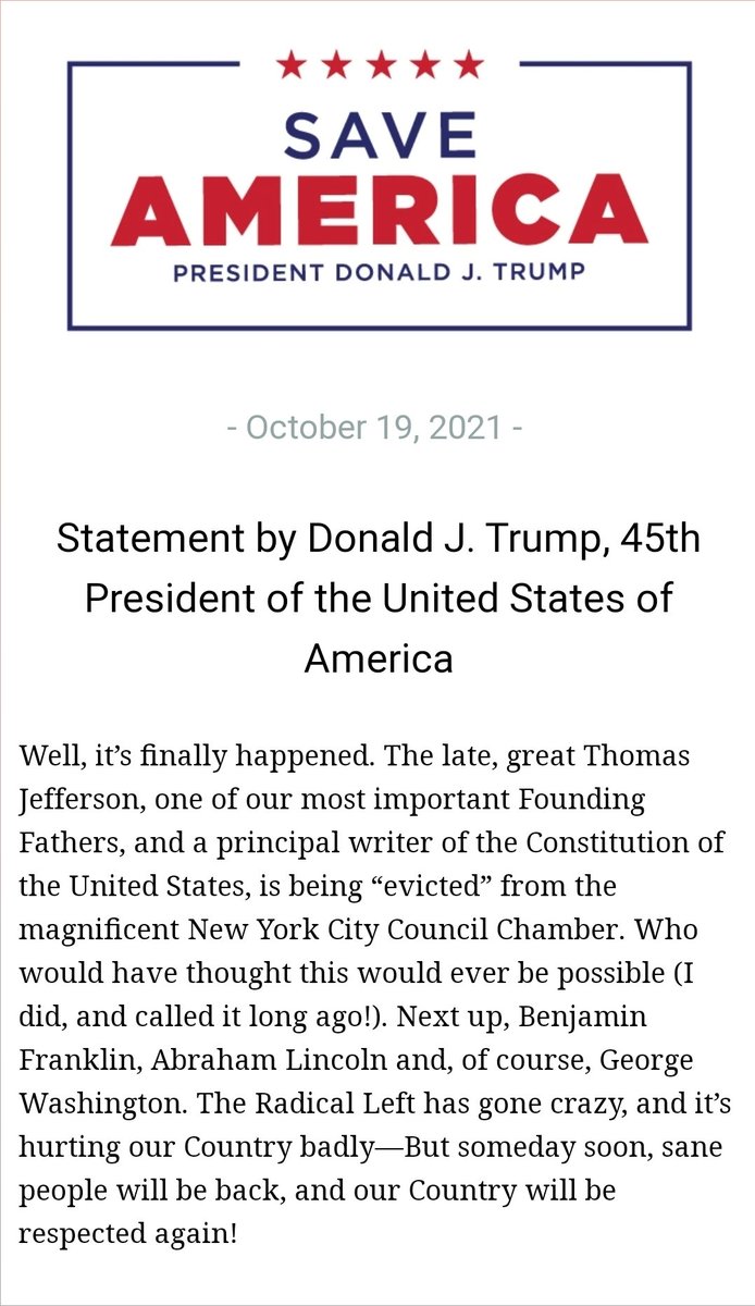 Liz Harrington on Twitter: "NEW! President Donald J. Trump: "Well, it's  finally happened. The late, great Thomas Jefferson, one of our most  important Founding Fathers, and a principal writer of the Constitution