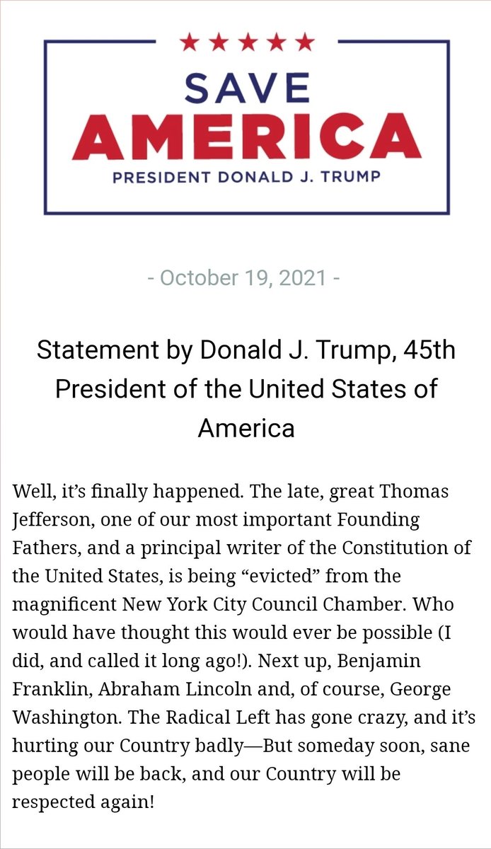 Liz Harrington on Twitter: "NEW! President Donald J. Trump: "Well, it's finally happened. The late, great Thomas Jefferson, one of our most important Founding Fathers, and a principal writer of the Constitution