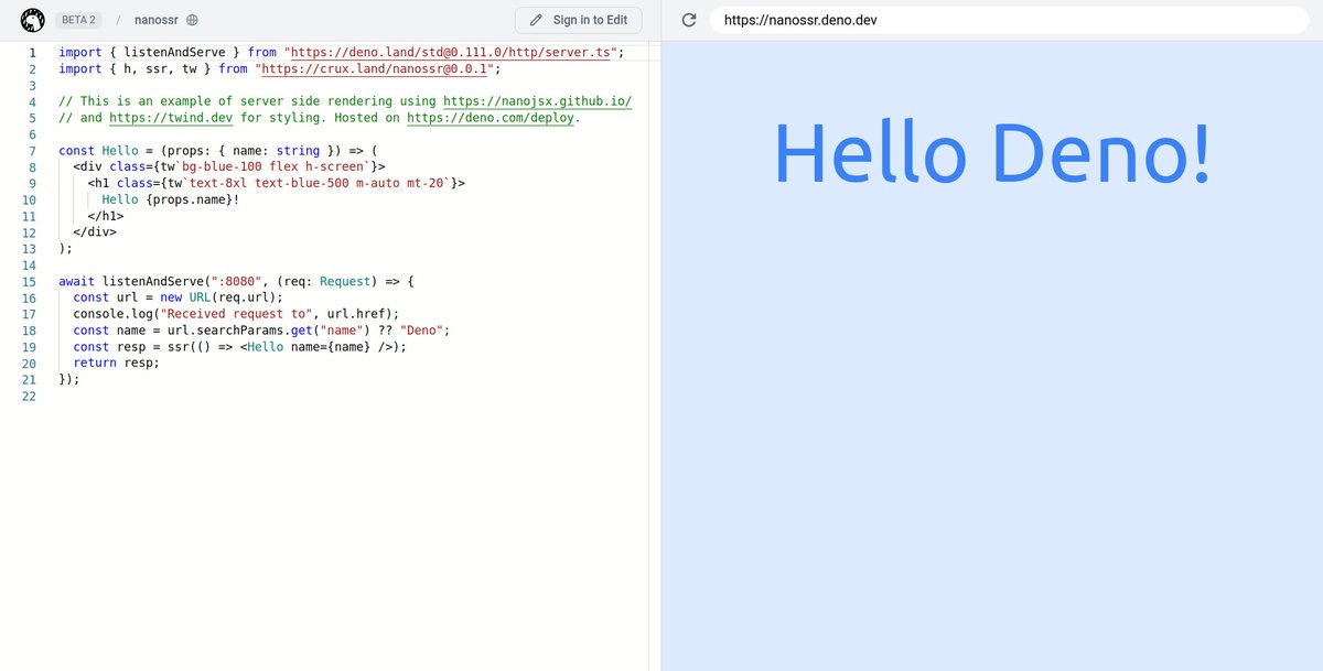 deno_land's tweet image. SSR with JSX + Tailwind + Deno Deploy = 🚀

🌍 Instantly deploy globally
🏡 Develop locally or in the browser
✨ Use familiar Web APIs &amp;amp; import from anywhere

Try it online now in a Deno Deploy playground: dash.deno.com/playground/nan…