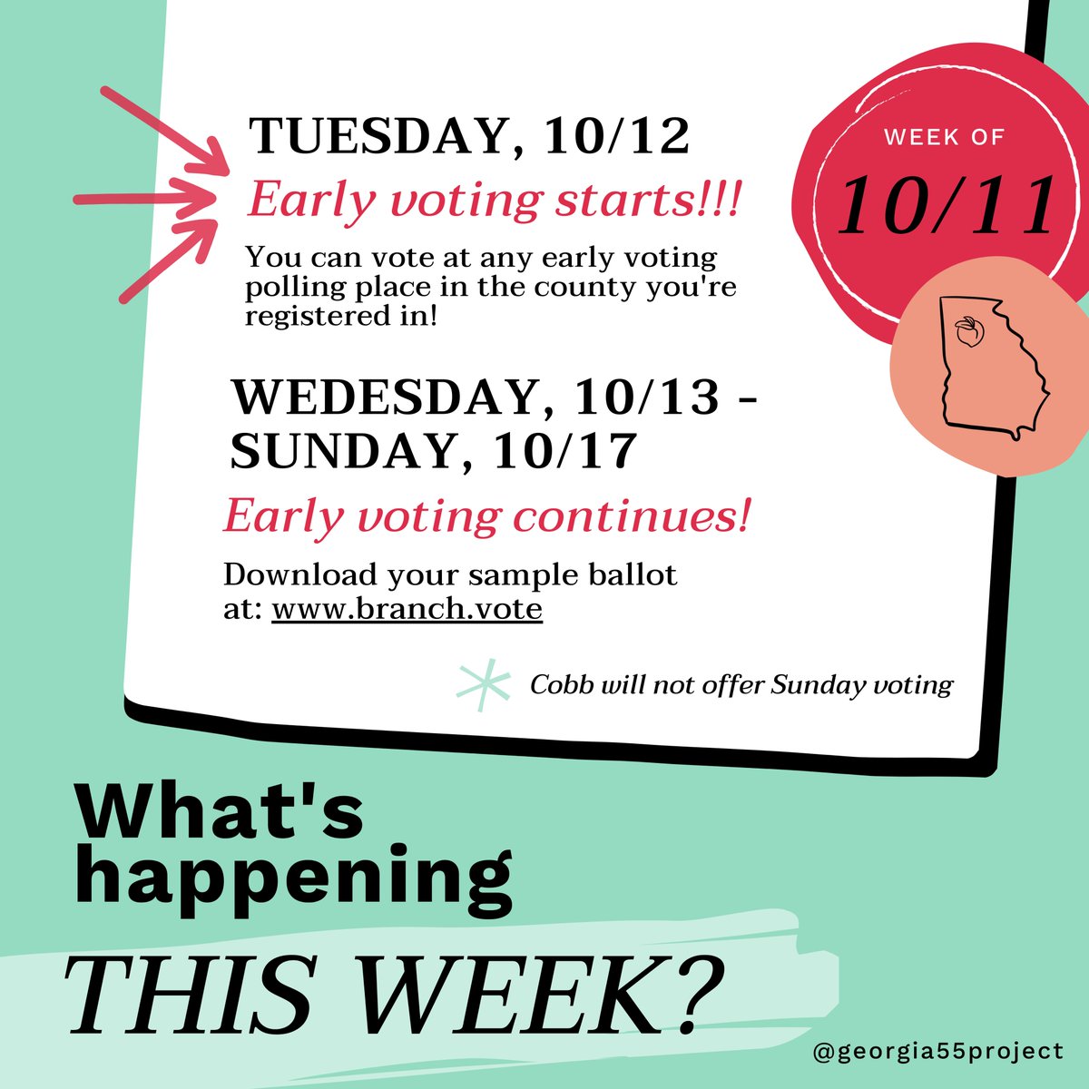 ga55project's tweet photo. Your weekly agenda has arrived 📣 Don't forget: you only have one more weekend offering if you can't make it to the polls during the work week! ✍🏼🗓️ #atlantaelections 

👉🏼Make your plan to vote at https://t.co/aX85j5CYEe (links in bio) 🗳️ https://t.co/0YKtZo4bJ6