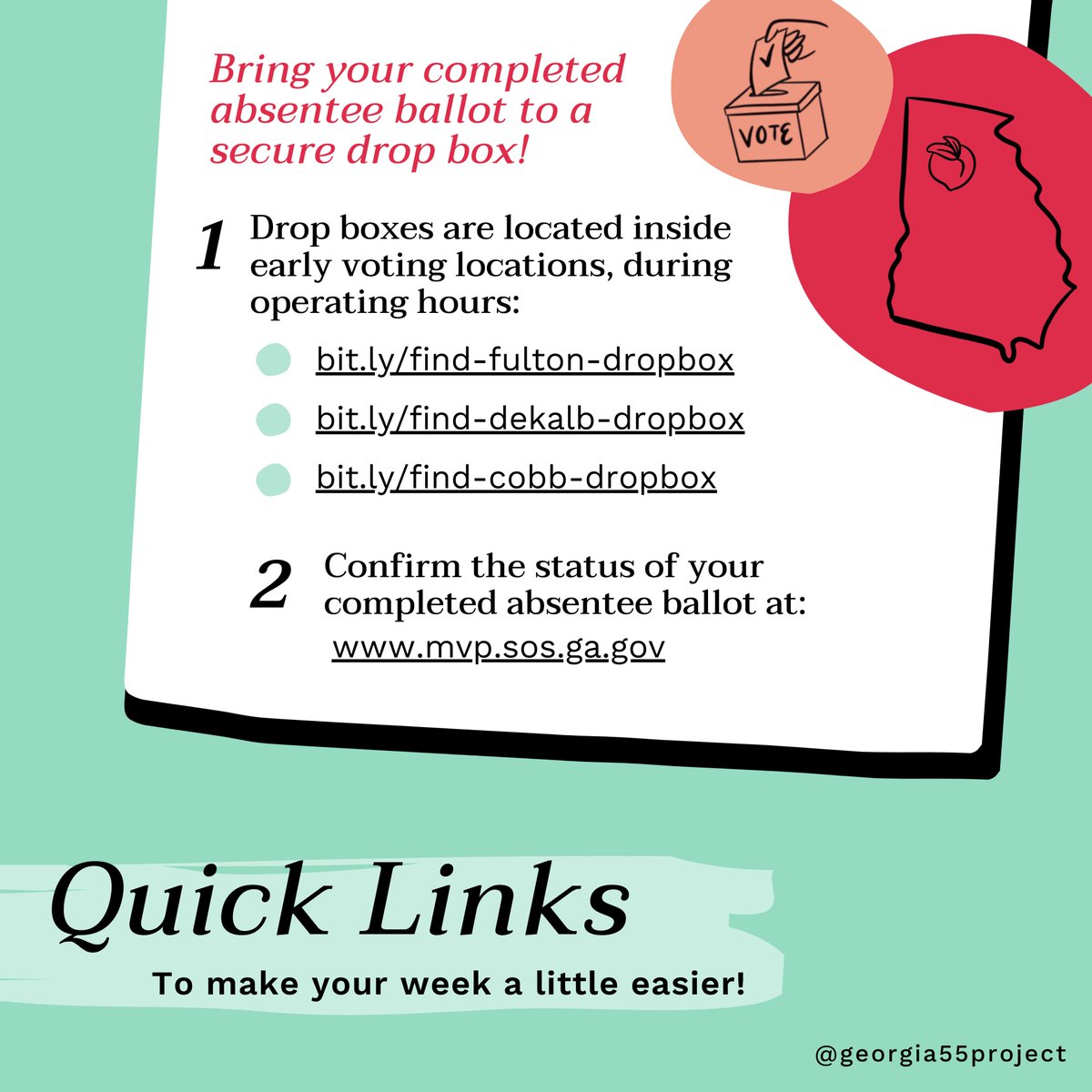 ga55project's tweet photo. Your weekly agenda has arrived 📣 Don't forget: you only have one more weekend offering if you can't make it to the polls during the work week! ✍🏼🗓️ #atlantaelections 

👉🏼Make your plan to vote at https://t.co/aX85j5CYEe (links in bio) 🗳️ https://t.co/0YKtZo4bJ6