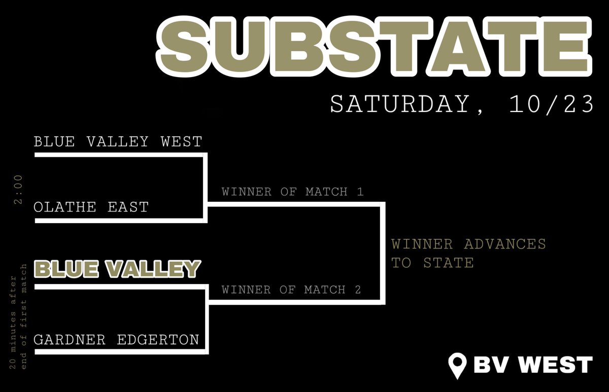 SUBSTATE ➡️ THIS SATURDAY
BV will take on Gardner Edgerton

🗓10/23
📍BVW
⏰20 minutes after conclusion of 2:00 game

BE THERE!!!