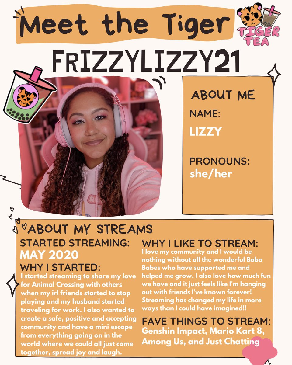 TigerTeaTeam's tweet photo. 🐯 MEET THE TIGER 🐾
Meet Lizzy! @FrizzyLizzy317 streams because of her community because it feels like hanging out with friends she’s known forever. Thanks for everything you do, @FrizzyLizzy317 !
#TigerTea 🐯🍵 #twitchstreamer #twitchstreamteam #tigerteateam
#teamtigertea https://t.co/LkTORJXfi3