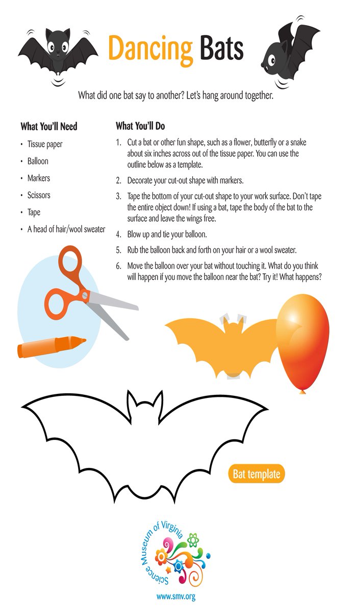 ScienceMusofVA's tweet photo. Don't spend Bat Week just hanging around ... make some dancing bats with this STEM at Home activity. You'll be shocked how much fun it is to learn about static electricity! #STEMatHome #MuseumFromHome #BatWeek #AtHomeScience https://t.co/dXxx6kZSir