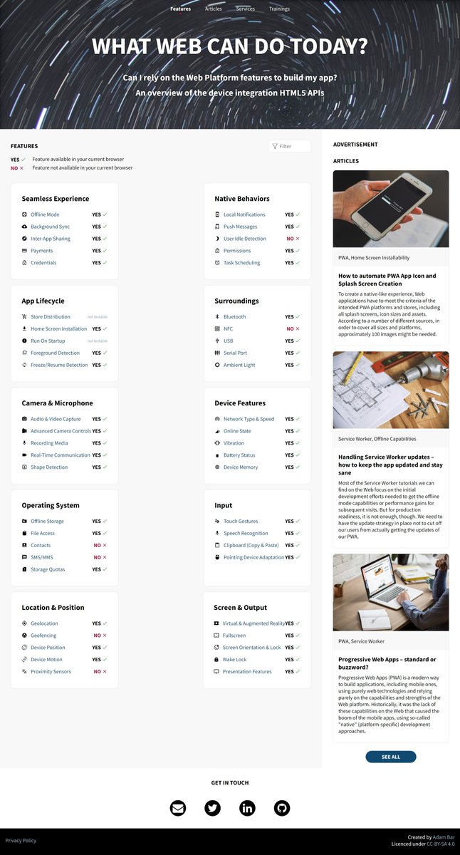 Justinwillis96's tweet image. Over here looking at @WhatWebCanDo in Edge on my Windows device and these new Edge docs docs.microsoft.com/en-us/microsof…. With all these capabilities, PWAs sure look like the best way to build a FULL FEATURED app that works anywhere, even app stores with @pwabuilder