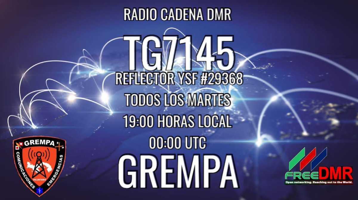 GREMPanama's tweet photo. Hoy Radio Cadena @Freedmr_Panama en el TG7145 a las 00:00 hr. UTC 19:00 hr. Local @VzlaEnDMR_TG734 @EcuadorDxClub @dxzone @lu4aul_ar @LU4AA @RCDECHILE @RCU_CX1AA @RadioaficionPTY @W4HFH @F6KFA @craguatemala @YN1J @retevis_com @emcomspain @IARU_R2 @FreedmrPeru @Freedmr_UK @DAILYD https://t.co/72Eiu6dA2c