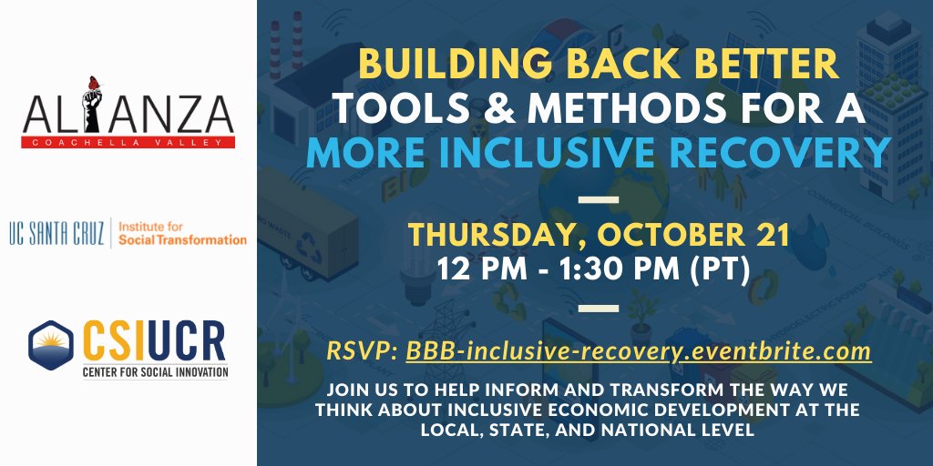 Alianza Coachella Valley (@alianzacv) on Twitter photo How do we #buildbackbetter with a more inclusive economic recovery? Join experts at noon Thursday to discuss this question and preview a joint policy brief about the #SaltonSea from Alianza, <a href="/csiucr/">Center for Social Innovation, UCR</a> and <a href="/ucsctransform/">UCSC Institute for Social Transformation</a>.
RSVP at bbb-inclusive-recovery.eventbrite.com How do we #buildbackbetter with a more inclusive economic recovery? Join experts at noon Thursday to discuss this question and preview a joint policy brief about the #SaltonSea from Alianza, <a href="/csiucr/">Center for Social Innovation, UCR</a> and <a href="/ucsctransform/">UCSC Institute for Social Transformation</a>.
RSVP at bbb-inclusive-recovery.eventbrite.com