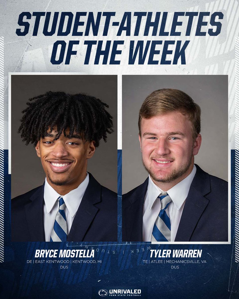 Penn State Football (@pennstatefball) on Twitter photo Shout out to <a href="/BryceMostella/">Bryce Mostella</a> & Tyler Warren, our Student-Athletes of the Week 👏💯
#WeAre Shout out to <a href="/BryceMostella/">Bryce Mostella</a> & Tyler Warren, our Student-Athletes of the Week 👏💯
#WeAre