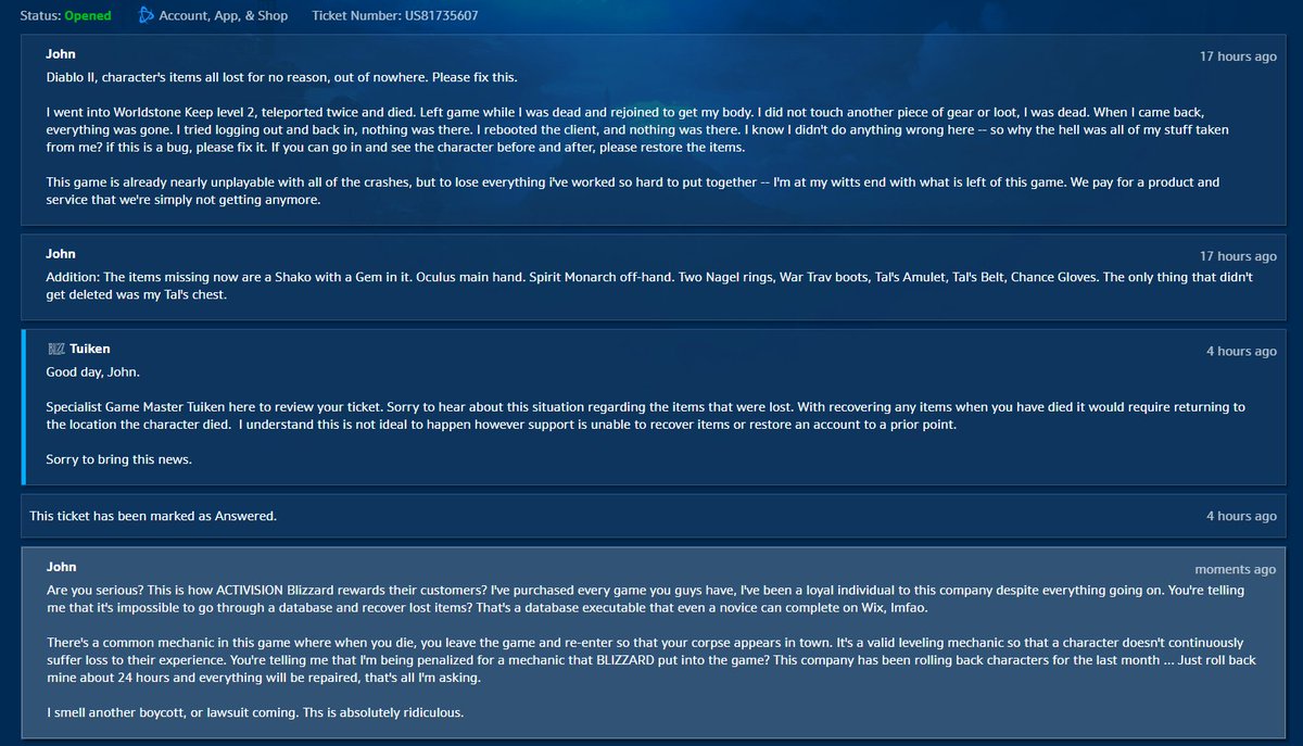 FableFortitude's tweet photo. @BlizzardCS Have to love how this PoS company has been rolling characters back on #D2R because of their own screw-ups. Welp, they've screwed up again and are now telling me that it's impossible to roll-back. A month of work, gone. What does your support say? "Bad luck. Sorry". https://t.co/cG7Wtpv9J1