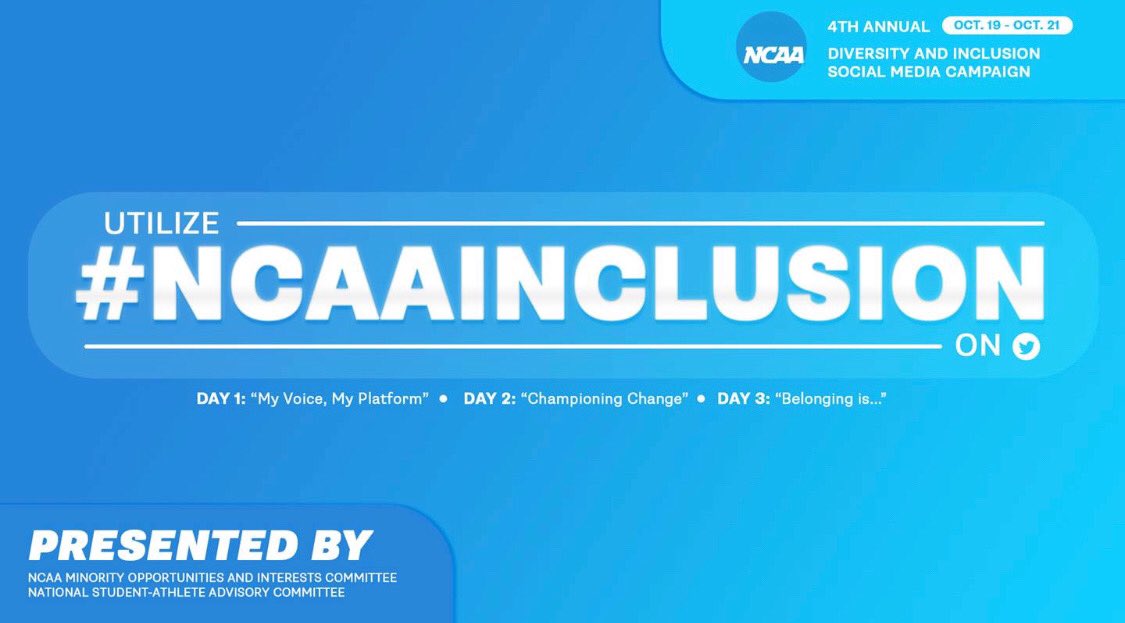 UMassASPIRES's tweet photo. It’s Day 1 of the @NCAA Diversity and Inclusion Social Media Campaign! Today, we want you to tell us who you are and what identities and experiences have shaped you. Make sure to tag @umassaspires &amp; use #NCAAInclusion to share your voice and how you use your platform with us! https://t.co/17o3ODTS2T