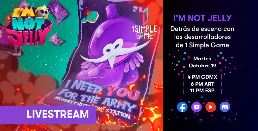 TwitchLatam's tweet photo. Acompaña al estudio indie @1simplegame en un stream especial sobre el desarrollo del videojuego #ImNotJelly👽 y el lanzamiento de su campaña en #Kickstarter

🔴https://t.co/VyGDdSo50O https://t.co/YzkmXe2blZ
