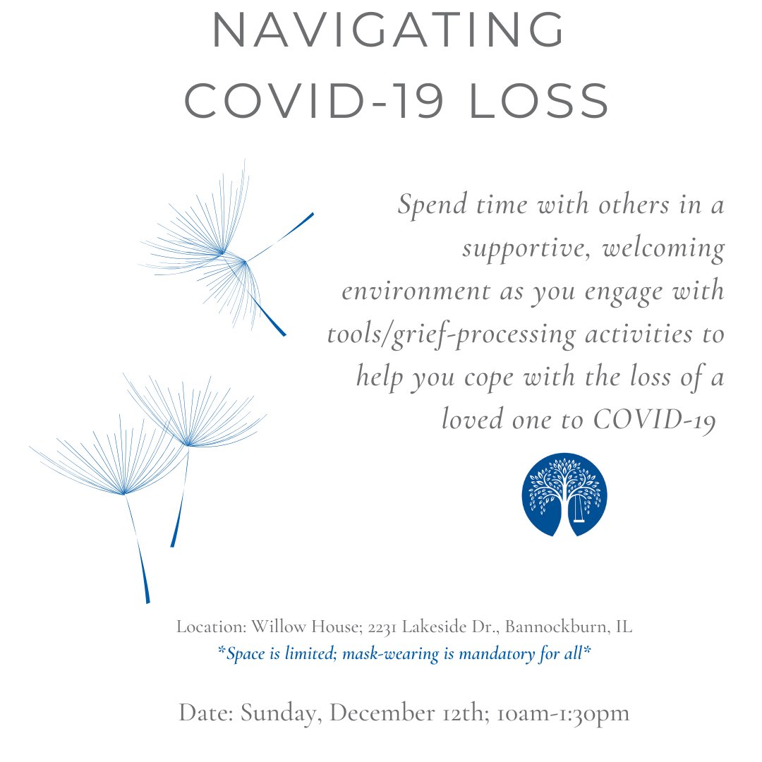 WillowHouse's tweet photo. Spend time with others in a supportive, welcoming environment as we engage in group discussion, writing and art-making. This workshop is for adults 18+ who are grieving the loss of a loved one to COVID-19.

**Space is limited**

Register here: https://t.co/W8Lq2sp46o https://t.co/kgSDJfu4Gi