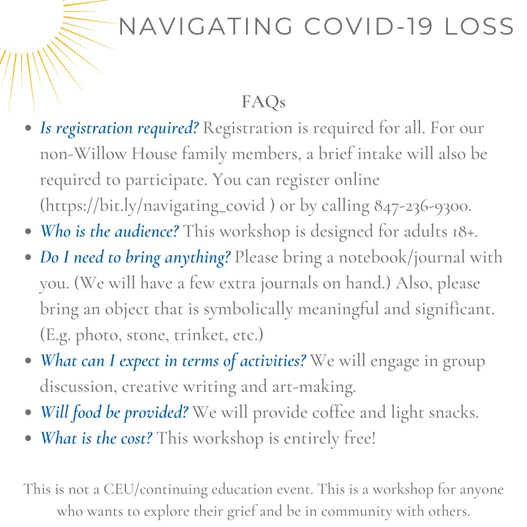 WillowHouse's tweet photo. Spend time with others in a supportive, welcoming environment as we engage in group discussion, writing and art-making. This workshop is for adults 18+ who are grieving the loss of a loved one to COVID-19.

**Space is limited**

Register here: https://t.co/W8Lq2sp46o https://t.co/kgSDJfu4Gi