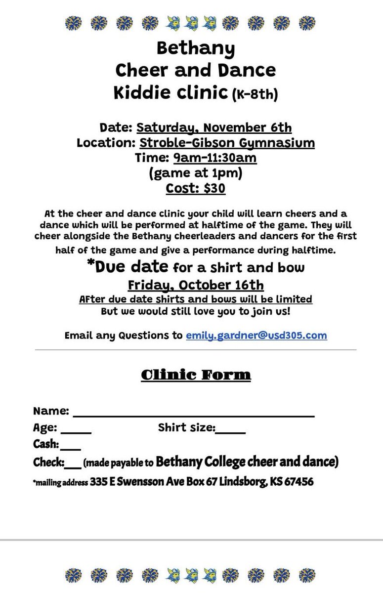 bcspiritsquad's tweet photo. Big News!! We are hosting a cheer and dance Kiddie Clinic! 🎉
For more information or if you would like a flyer, feel free to message us!!
We are so pumped to see all the amazing future cheerleaders and dancers there! 
Go Swedes! 💙💛
#cheer #dance #clinic #swedes #bethany https://t.co/nUW0fxccVy