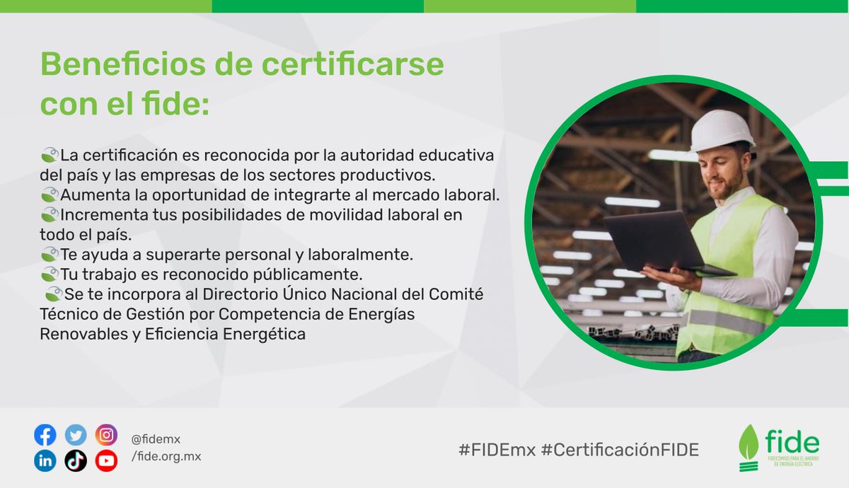 fidemx's tweet photo. Te compartimos los beneficios de certificarte con nosotros y tener una organización reconocida por su #EficienciaEnergética. Descúbre más en: https://t.co/UTwBrvM3TX
🔌💡⚡️
#FIDEmx #CertificacionFIDE https://t.co/nqnvAg0rDY