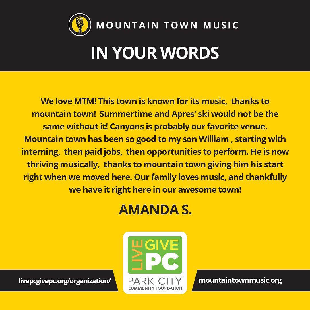 mtntownmusic's tweet photo. We want every music lover in Park City to be a part of the magic that MTM has to offer! Your experiences matter to us!
#community #feedback #musiclover #parkcity #pcnonprofit #giveback #mountaintownmusic #mtm #livegive #livepcgivepc #thankyou https://t.co/1506mjUKob