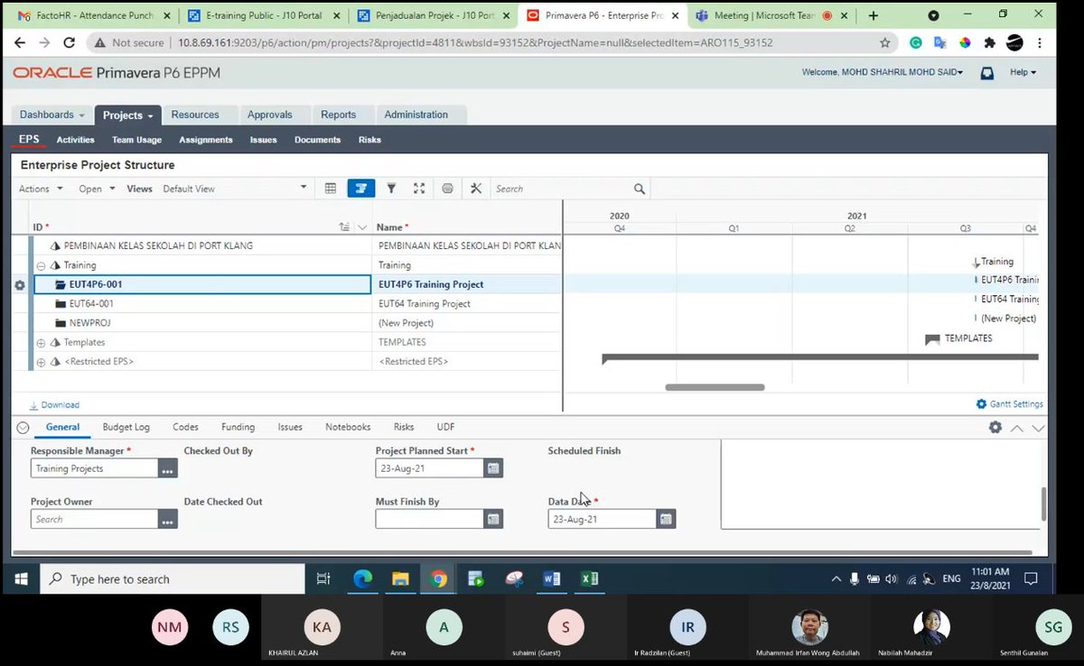 23 hingga 24 Ogos 2021 – Sesi latihan End User Training (EUT) Penjadualan Projek P6 untuk Sesi 4 telah berlangsung  secara atas talian melalui Platform Microsoft TEAMS dan sesi latihan ini telah berlangsung selama dua (2) hari. Terima kasih kepada semua pegawai yang terlibat.