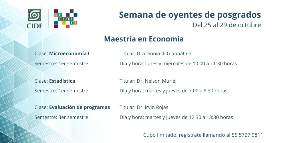 🗓️ Asiste a nuestras sesiones en línea en la Semana de oyentes de Posgrados.
📃 Inscríbete llamando al 55 5727 9811
#deCIDEte #ConvocatoriaCIDE2022