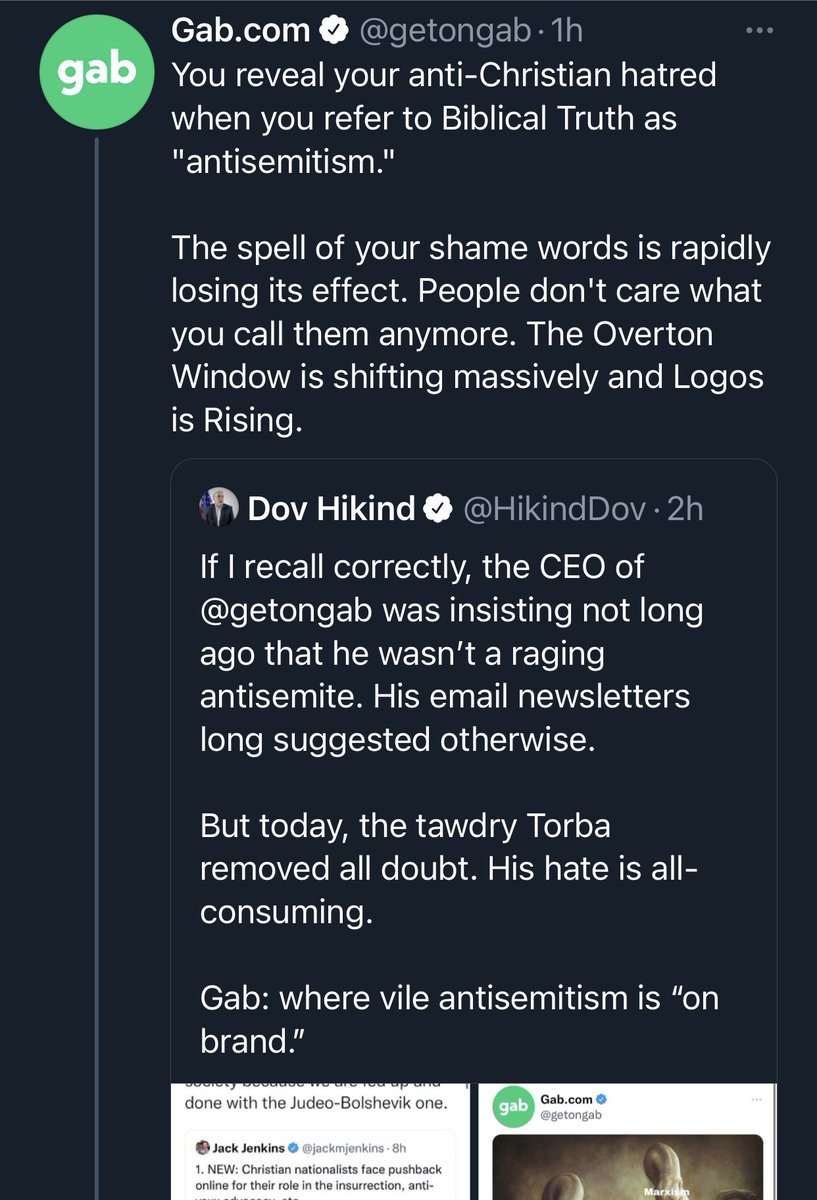 hannahgais's tweet photo. the CEO of Gab has been posting for hours using textbook antisemitic talking points after people pointed out that “Judeo-Bolshevik” is a term popularized by the Nazis https://t.co/ja2whqOiNc