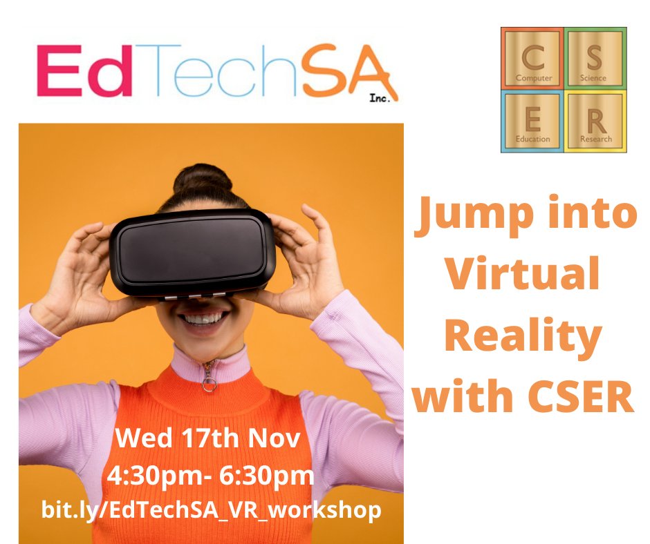 cserAdelaide's tweet photo. Jump into #VirtualReality with us! In collab with @EdTechSA A free workshop for teachers, learn about engaging learning opportunities using #VR in the classroom.
Join us on 17th November 4:30- 6:30pm on campus!
Registration essential: https://t.co/hhPjHBwJxT
#cserSTEMPL https://t.co/ehZIa048x3