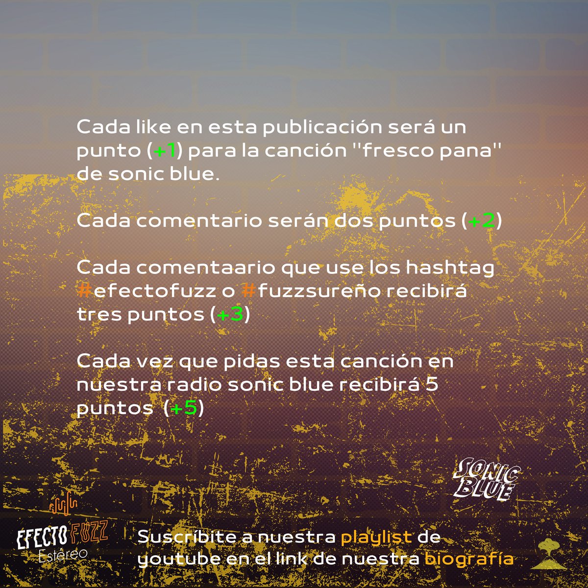 Efectofuzz's tweet photo. Vota por 🚀 Sonic Blue con ''Fresco Pana'' 🔈 y suscríbete a nuestra playlist de youtube con lo mejor del rock del sur en siguiente link: https://t.co/MnyNuc0diZ
#efectofuzz #fuzzsureño #sonicblue #frescopana #rockpasto #rockcolombiano #pasto #postpunk #punk #punkcolombia https://t.co/hRFMVhNzUz