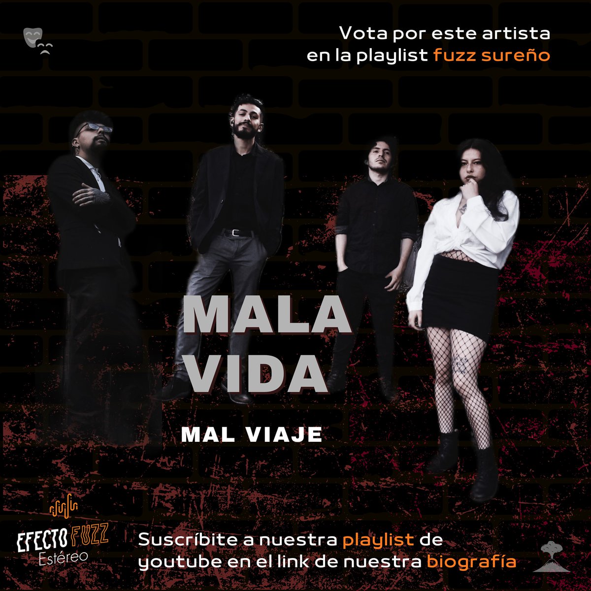 Efectofuzz's tweet photo. Vota por 👁Mala Vida con su canción ''mal viaje''  y suscríbete a nuestra playlist de youtube con lo mejor del rock del sur en siguiente link: https://t.co/t4VLTlgEtg #rockcolombia #malavida #musicacolombia #ranking #playlist #efectofuzz #fuzzsureño https://t.co/pgGKlJGiEU