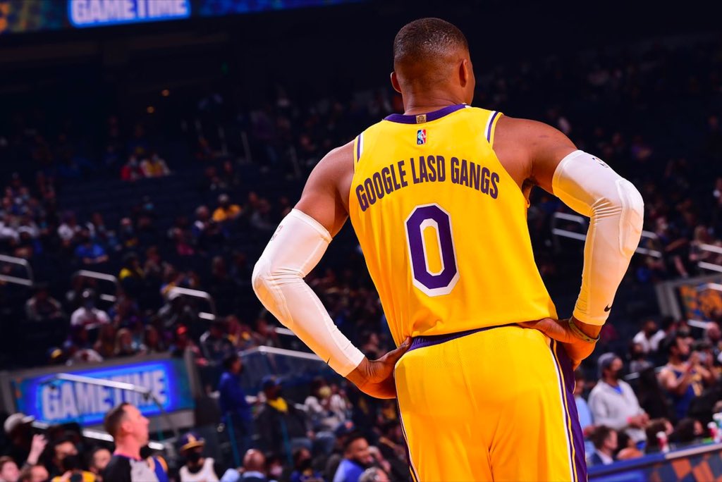 PplsCityCouncil's tweet image. It’s NBA Opening Night in Los Angeles!!! New Lakers player and hometown hero @russwest44 has a simple message with his jersey: 

Google #LASDgangs