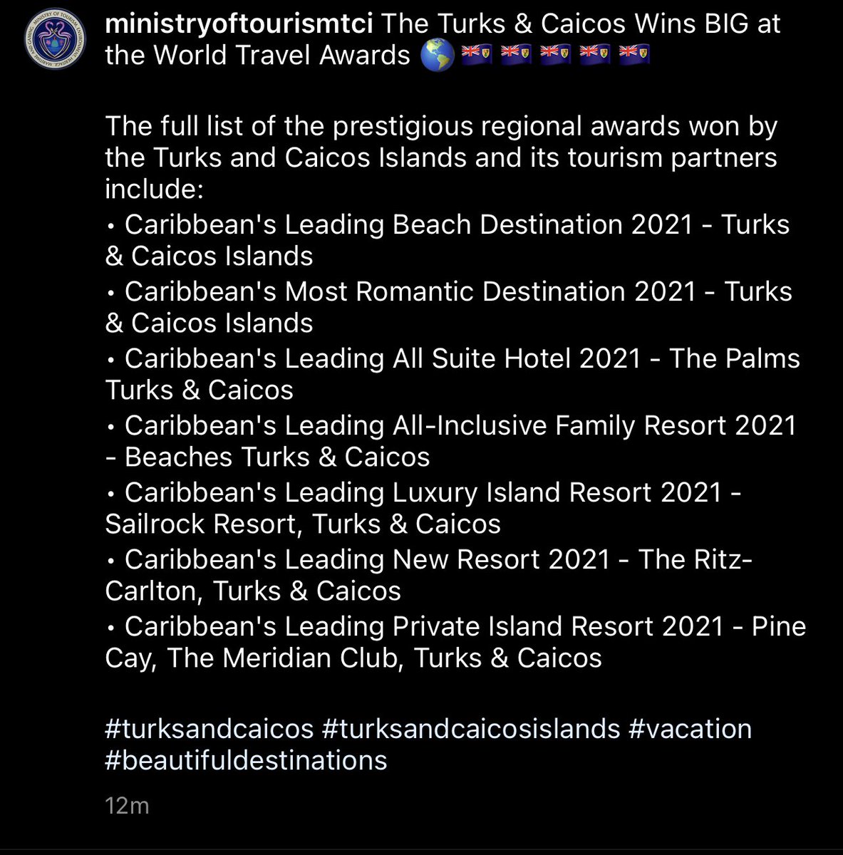 The Turks &amp; Caicos wins BIG at the World Travel Awards 🌎🇹🇨🇹🇨🇹🇨🇹🇨 #turksandcaicos #vacation #beachlife