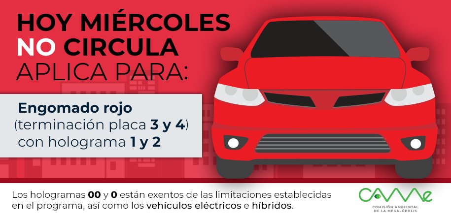 CAMegalopolis's tweet photo. 🌞¡Buenos días! ☕️
El #HoyNoCircula del miércoles 24 de noviembre en la #ZMVM aplica para vehículos con #EngomadoRojo con terminación de placas 3 y 4, holograma 1 y 2.
Hologramas 00 y 0 quedan exentos.
🚕🚗🚘🚙🚛🏍🚚
#CAMegalópolis #Felizmiercoles https://t.co/tY9oGE9jC9