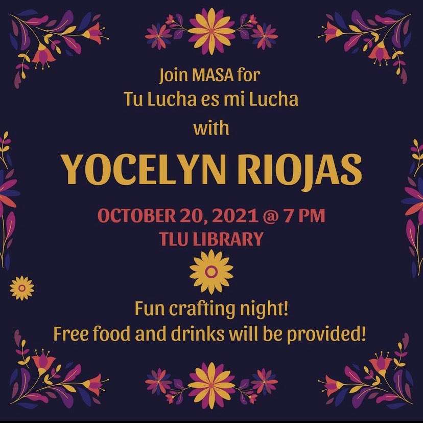 tlulibrary's tweet photo. Looking forward to making art tomorrow with @yocelyn_riojas ! Tu Lucha Es Mi Lucha: Supporting Community Through Artivism

Wed Oct 20 7pm library lower level

Thanks to the Brown Endowment, WOST, CMAS, and MASA #TLU @txlutheran #LatinxHeritageMonth https://t.co/PzoT4otKq3