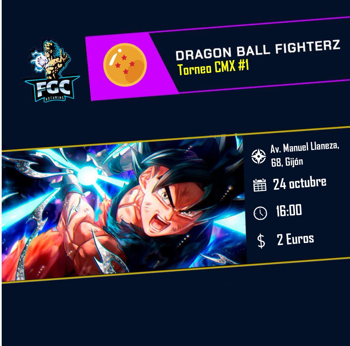¡Vuelven los torneos offline de DBFZ  a Asturias! Esta vez nos volvemos a ver por Gijón. ¡Os esperamos a todos este domingo! 

📆24 de octubre
🕔16:00
🗺️Av Manuel Llaneza 68, Gijón (CMX)
💰 Inscripción: 2 €

Link de registro:
smash.gg/tournament/tor…