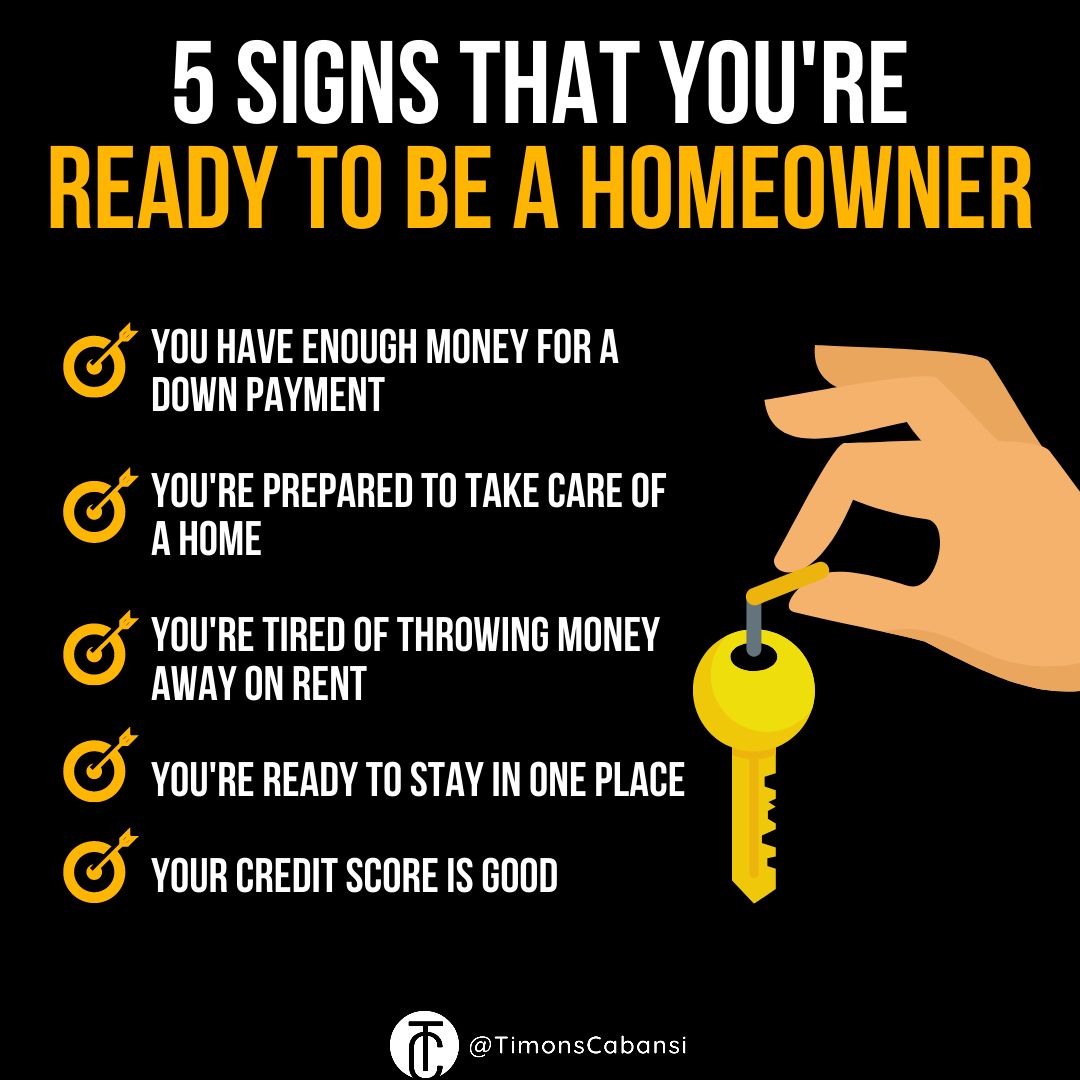 TimonsCabansi's tweet photo. 5 SIGNS YOU'RE READY TO BE A HOMEOWNER. ππ‘
#realtorlife #timonscabansi #realtors #property #house #business #realestate #investment #home #broker #realtor #realestateinvestor #entrepreneur #realestatelife #realty https://t.co/UwJHOvYIGU