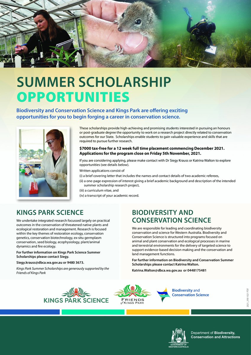 Applications for Summer Research Scholarships are now open for 2021-22. An excellent chance for WA students to have fun while gaining valuable field and lab skills. Successful applicants will receive a $7000 tax-free stipend for a 12-week full time placement commencing December