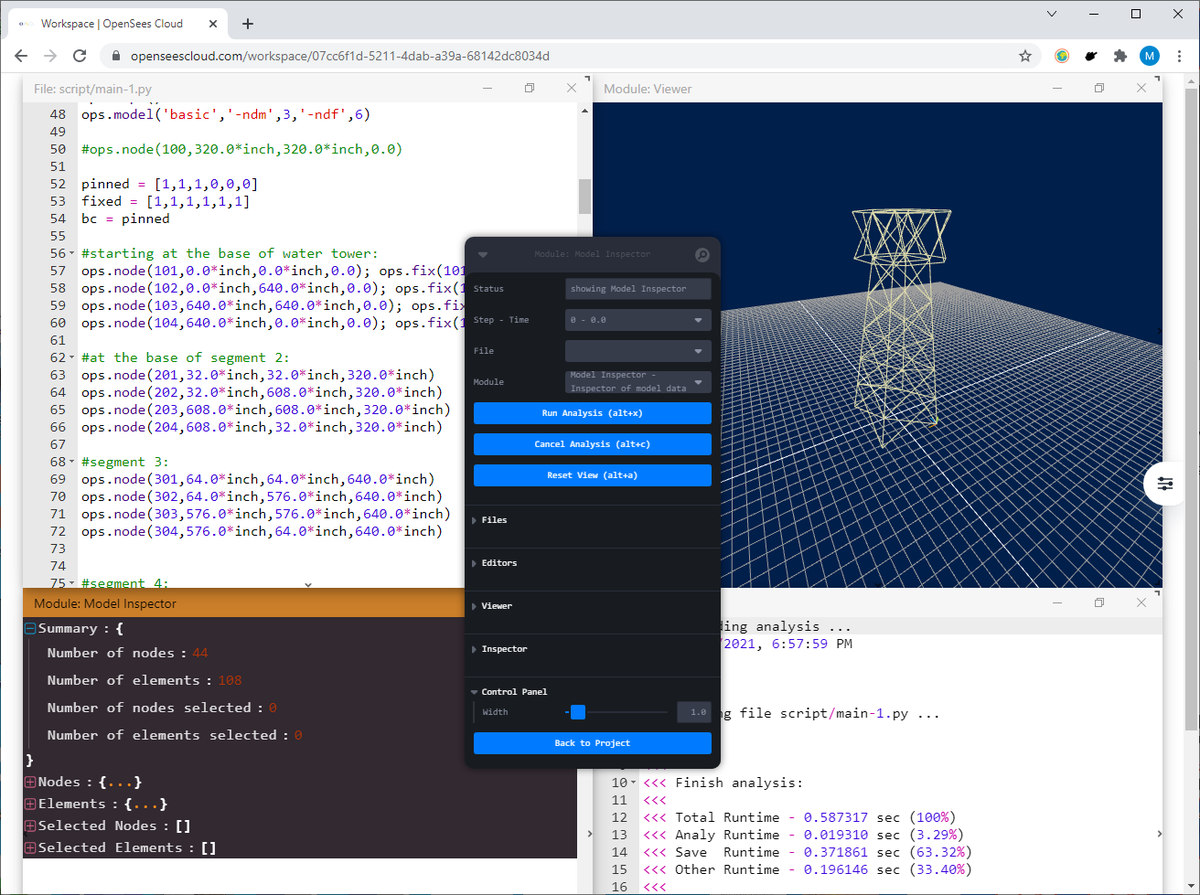 OpenSeesCloud's tweet photo. Screen shot of the #OpenSeesCloud workspace. Input, model viewer, model information, and analysis time all in one web browser window. Beta testing starts soon. Sign up today at https://t.co/BR8QYaEWqM https://t.co/2I09dVe3PA