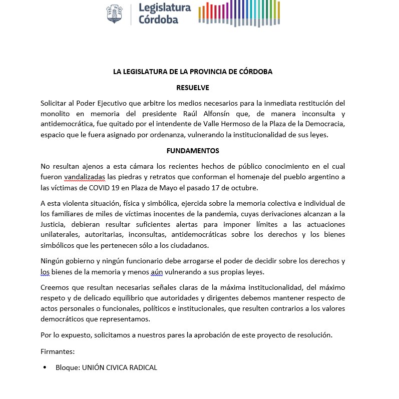 juntos_ucr's tweet photo. Los legisladores de Juntos UCR pedimos al @gobdecordoba que disponga la urgente restitución del memorial de Raúl Alfonsín en la Plaza de la Democracia de Valle Hermoso. 👇 https://t.co/JcJpFUUUfc