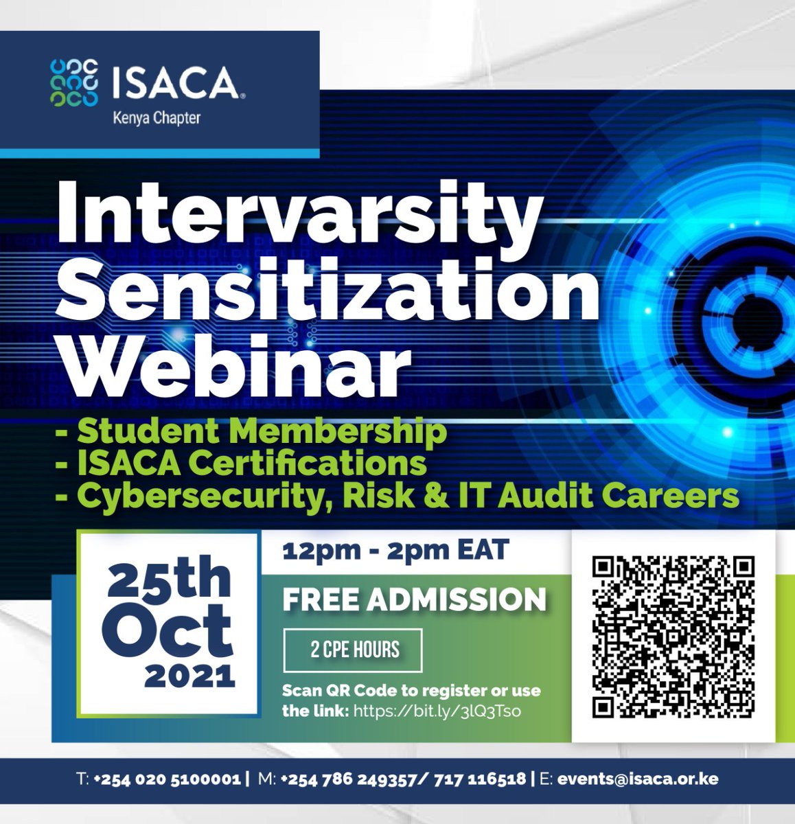 Isaca_kenya's tweet photo. Join us on #25th_Oct (12.00 - 2.00 pm) EAT to learn more about #Student_Membership, #ISACA_Certifications and #Cybersecurity, #Risk &amp; #IT_Audit careers 

University Students are encouraged to participate

#isaca
#isacaKe
#intervarsity
#cybersecurity
#ITaudits
#isacacertifications https://t.co/SbdHoMhSmt
