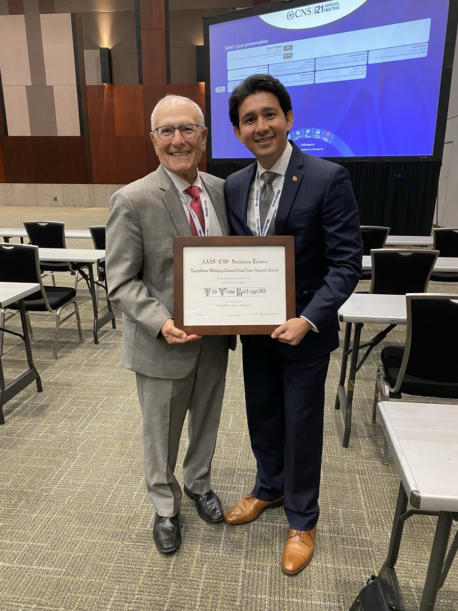 TitoVivasB's tweet photo. What an absolute honor to receive the #Rosenblum_Mahaley Brain Tumor Research Award from @NSTumorSection at the #CNS2021  and to have Dr. Mark L. Rosenblum himself present during the presentation. @CNS_Update @MayoClinicNeuro @udes_oficial @HenryFordNeuro #nsgy #MedTwitter https://t.co/MPVdpOQ7WD