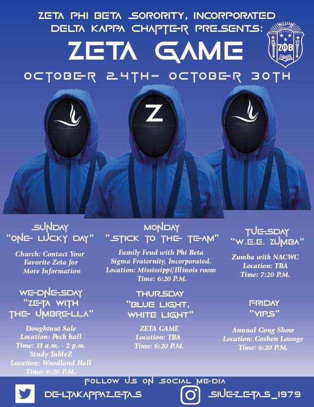 DeltaKappaZetas's tweet photo. Join the Delta Kappa Chapter of Zeta Phi Beta Sorority, Incorporated NEXT WEEK for Zeta Game 😈 We have a full week of fun and suspense planned and can’t wait to see you all there! 💙 We hope you make the right decisions 😼 #siue22 #siue23 #siue24 #siue25 #siue #Zetaweek https://t.co/W0BdICQV9H