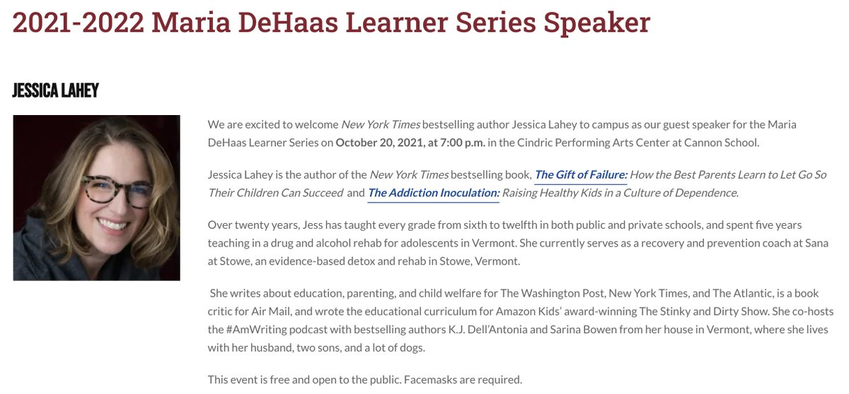 Jessica Lahey is on Threads as teacherlahey (@jesslahey) on Twitter photo I'm off to NC in the morning to present at <a href="/CannonSchool/">Cannon School</a>! You REALLY should come on out, it's going to be SO much fun and it's free!
Huge thanks to Cannon School for enforcing masks so I can come!
cannonschool.org/cannon-life/ma… I'm off to NC in the morning to present at <a href="/CannonSchool/">Cannon School</a>! You REALLY should come on out, it's going to be SO much fun and it's free!
Huge thanks to Cannon School for enforcing masks so I can come!
cannonschool.org/cannon-life/ma…