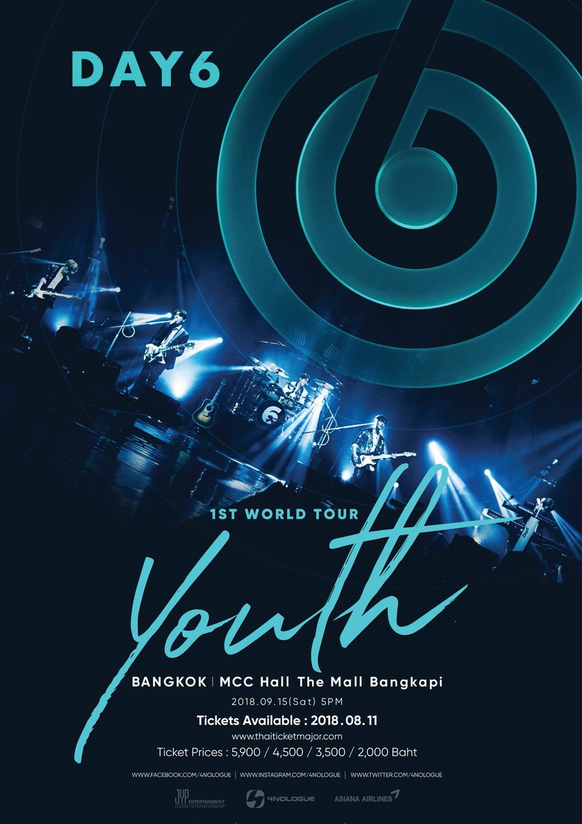DAY6TW's tweet photo. 📢 [#𝗗𝗔𝗬𝟲 - 1st WORLD TOUR  '𝗬𝗢𝗨𝗧𝗛' in BANGKOK] 

🏟️ MCC HALL THE MALL BANGKAPI
🎟️ 𝗧𝗜𝗖𝗞𝗘𝗧 𝗢𝗣𝗘𝗡 : https://t.co/eZYvavJfhR 

#DAY6_YT #1st_WorldTour https://t.co/ujlaGAe2Dc