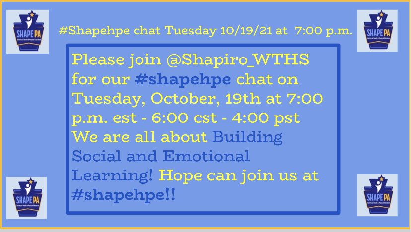 Shapiro_WTHS's tweet photo. If you’re not busy, would love to see you join our #shapehpe chat at 7:00 pm est - 6:00 pm cst - 4:00 pm pst. It’s all about Social and Emotional learning. Super important topic. @Toups_J @mcdonald_kecia @donna_mccance @Scandela9 @Kbahri5 @bbray27 @MatthewXJoseph @NowakRo https://t.co/Psmli1CA5g