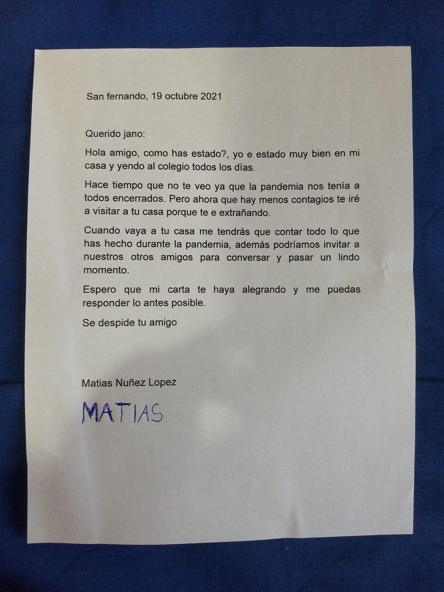 Hoy Matías le hizo una cartita en la escuela especial a <a href="/JanitoPeni/">JanitoPeñi</a>  llevan semanas sin verse, Mati tb con AUTISMO es funcional, maneja las redes, lee y escribe es un seco! 

Jano solo Lee y escribe su nombre.

Hace cuánto que ustedes no reciben una carta? ❤️

<a href="/ChileAutismo/">Autismo Chile</a>