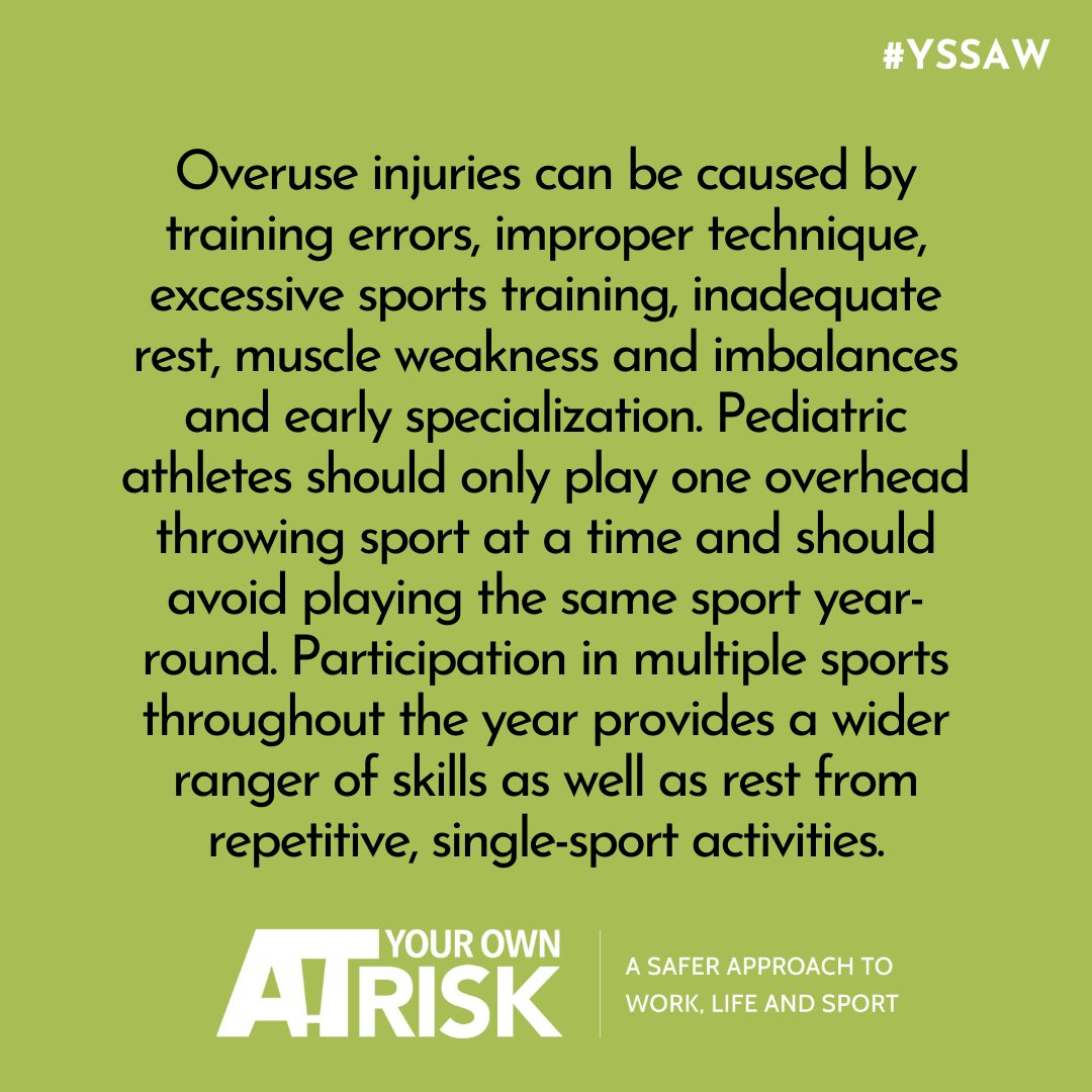 aSaferApproach's tweet photo. Did you know that approximately 50% of all sports-related injuries for pediatric athletes – children ages 6 to 12 and adolescents ages 13 to 18—are due to overuse? To prevent overuse injuries, avoid specialization and repetitive sport activity at a young age. #ASaferApproach https://t.co/zBAeisMbAW