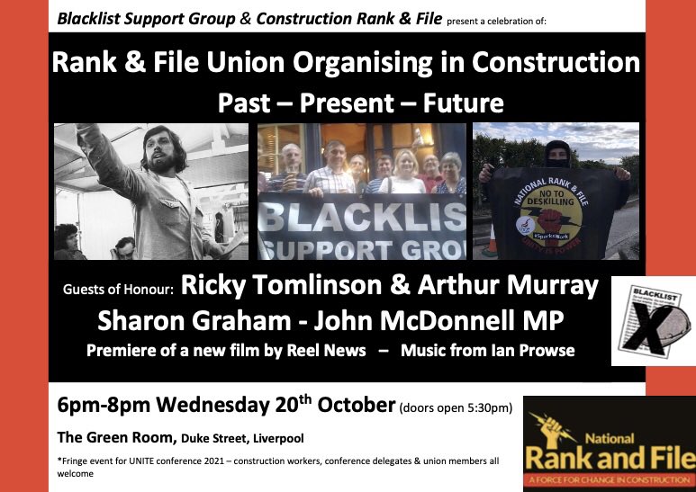 DaveBlacklist's tweet photo. I’ve just seen a preview of the new film about rank & file union organising in the construction industry ⭐️⭐️⭐️⭐️⭐️
Wednesday night’s meeting in #Liverpool is gonna be MASSIVE
#UNITE2021
#UnitePolicyConference
#Blacklisting
#ShutTheSites
@johnmcdonnellMP
@unitetheunion https://t.co/zZxoHmudUj