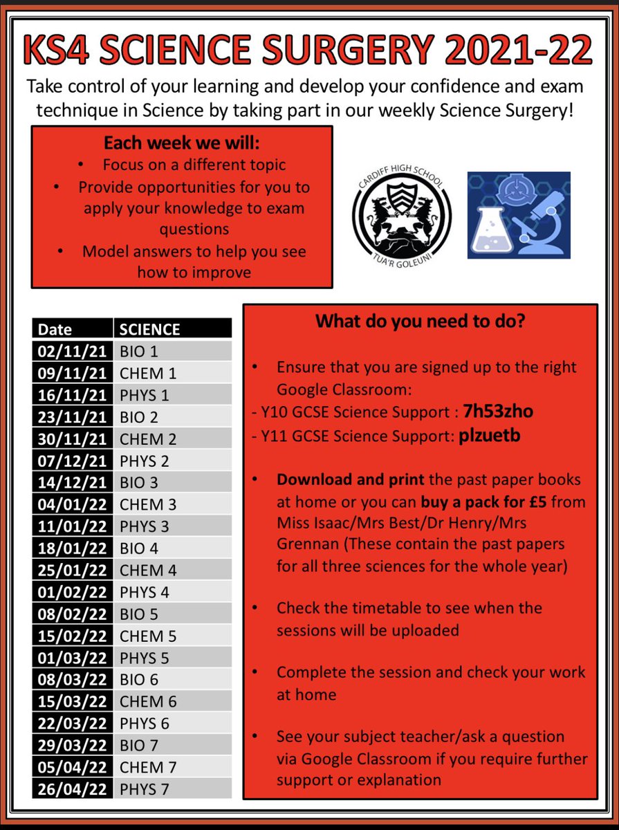 ScienceCHS's tweet image. Pupils will need join the correct Google Classroom to access the webinars. The materials that go with it can be downloaded and printed at home or a pack containing the papers for all three sciences for the whole year can be purchased from the dept for £5.