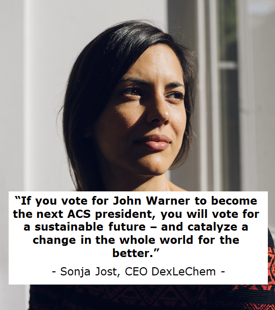 SonjaJost's tweet photo. No one can afford to ignore the business potential of Green Chemistry anymore, thanks to @JohnWarnerOrg Let’s follow his route #InventionWithIntention for the @AmerChemSociety #NCW #JohnWarnerForPresident VOTE until 10/22 #GreenChemistry #Innovation #Reindustrialization https://t.co/UEXuozTrfW