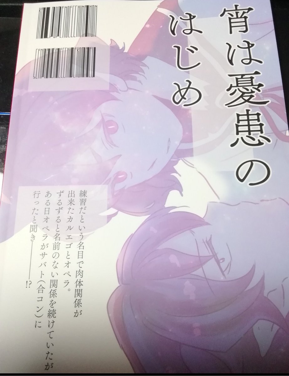 新刊その1は届いた
カルオペ本の裏表紙はこんな…小説の裏表紙みたいにしたかった
よくみたらバーコード風フォント、文字が読めます 