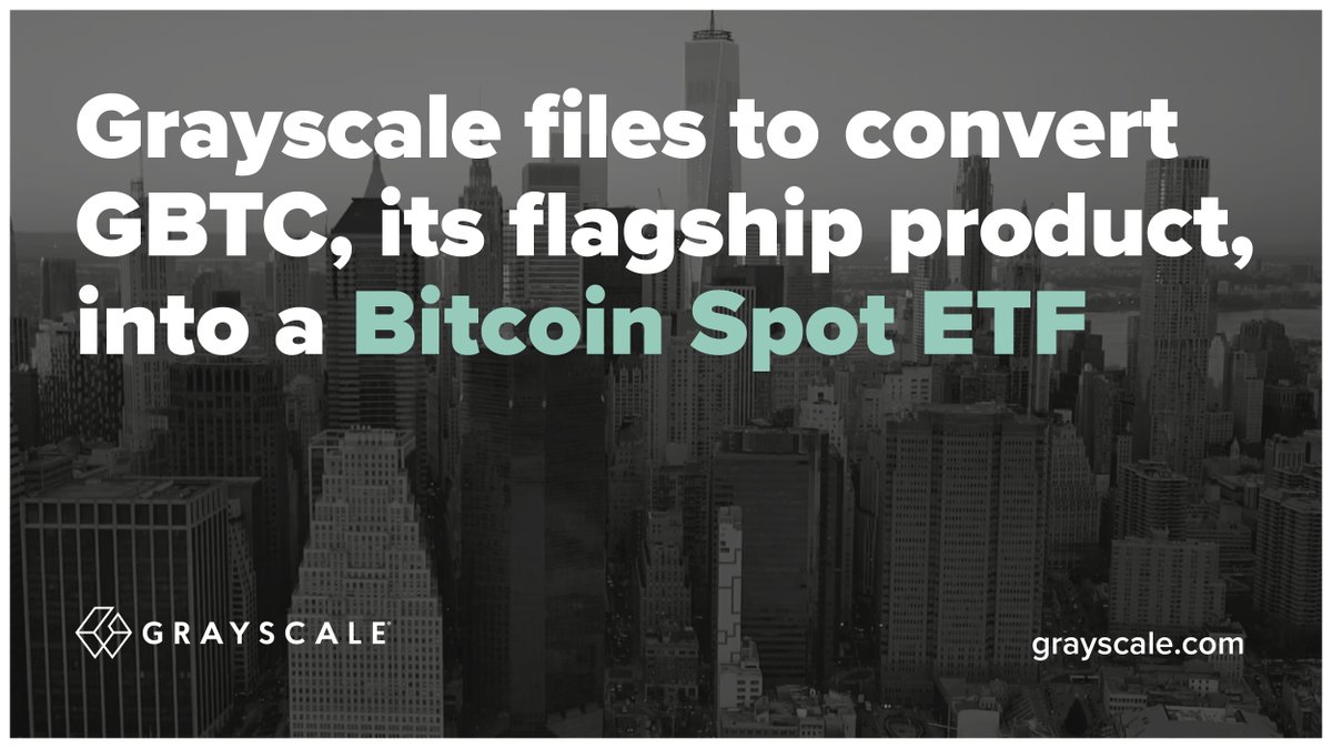 We have long been committed to converting $GBTC and our other investment products into #ETFs, and we’re proud to deliver on that long-standing commitment by submitting our 19B4 filing today to convert GBTC into a #Bitcoin Spot ETF. More here: grayscale.com/our-filing-to-… #bitcoinETF