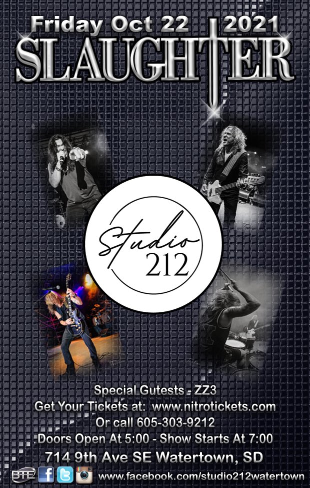 markslaughter33's tweet photo. Concert Reminder
When: This Friday
Oct 22nd 2021
Where: Watertown, SD @ Studio 212
#MarkSlaughter #Slaughter #UpAllNight #FlyToTheAngels #MadAboutYou #ErnieBallStrings #PickGuyGuitarPicks #CarlinoGuitars #FuTone #MorleyPedals #PariahPickups #KemperAmps
#Studio212 https://t.co/Rlkb14tbfq